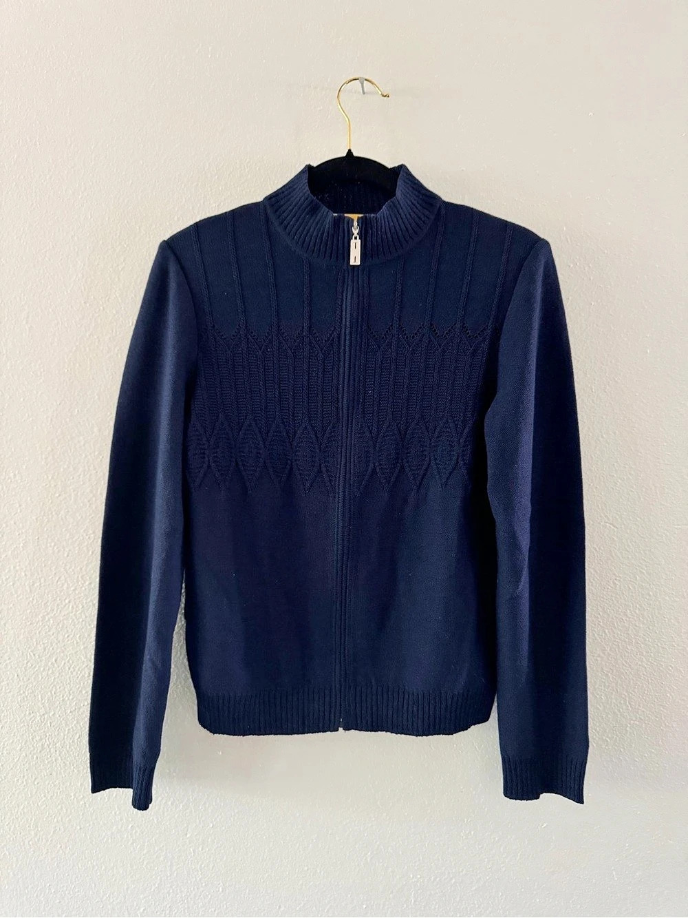 St. John Geometric Zip Sweater in Navy Blue Size Small